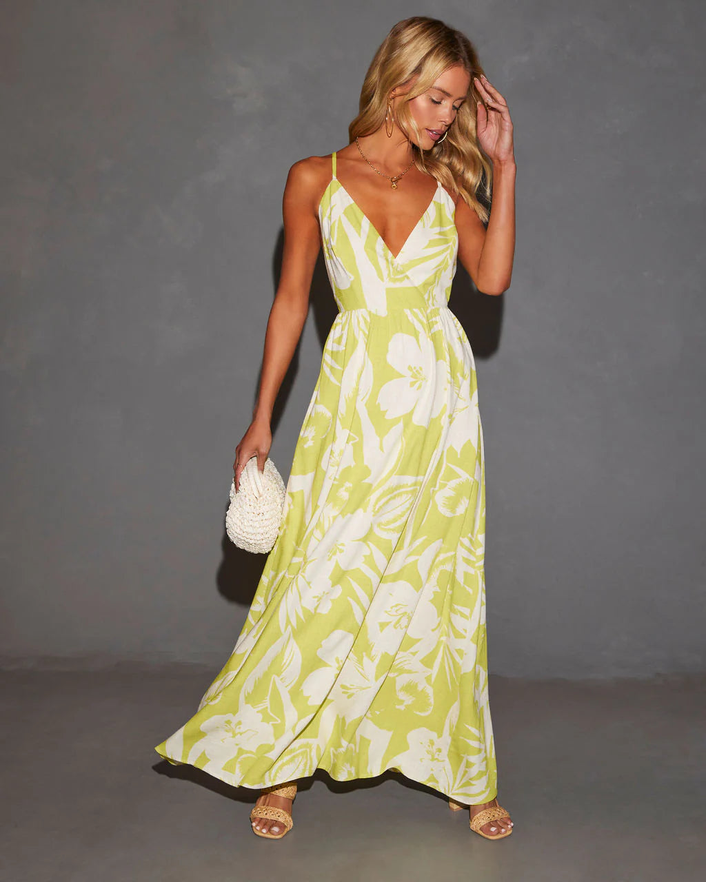 Hawaii V-Neck Printed Cross Back Maxi Dress