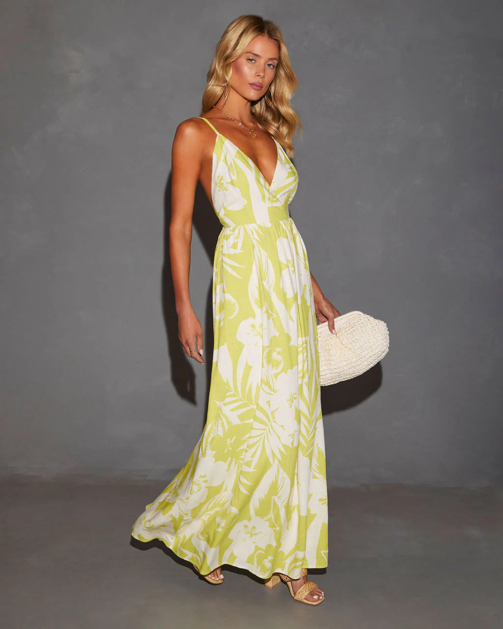 Hawaii V-Neck Printed Cross Back Maxi Dress