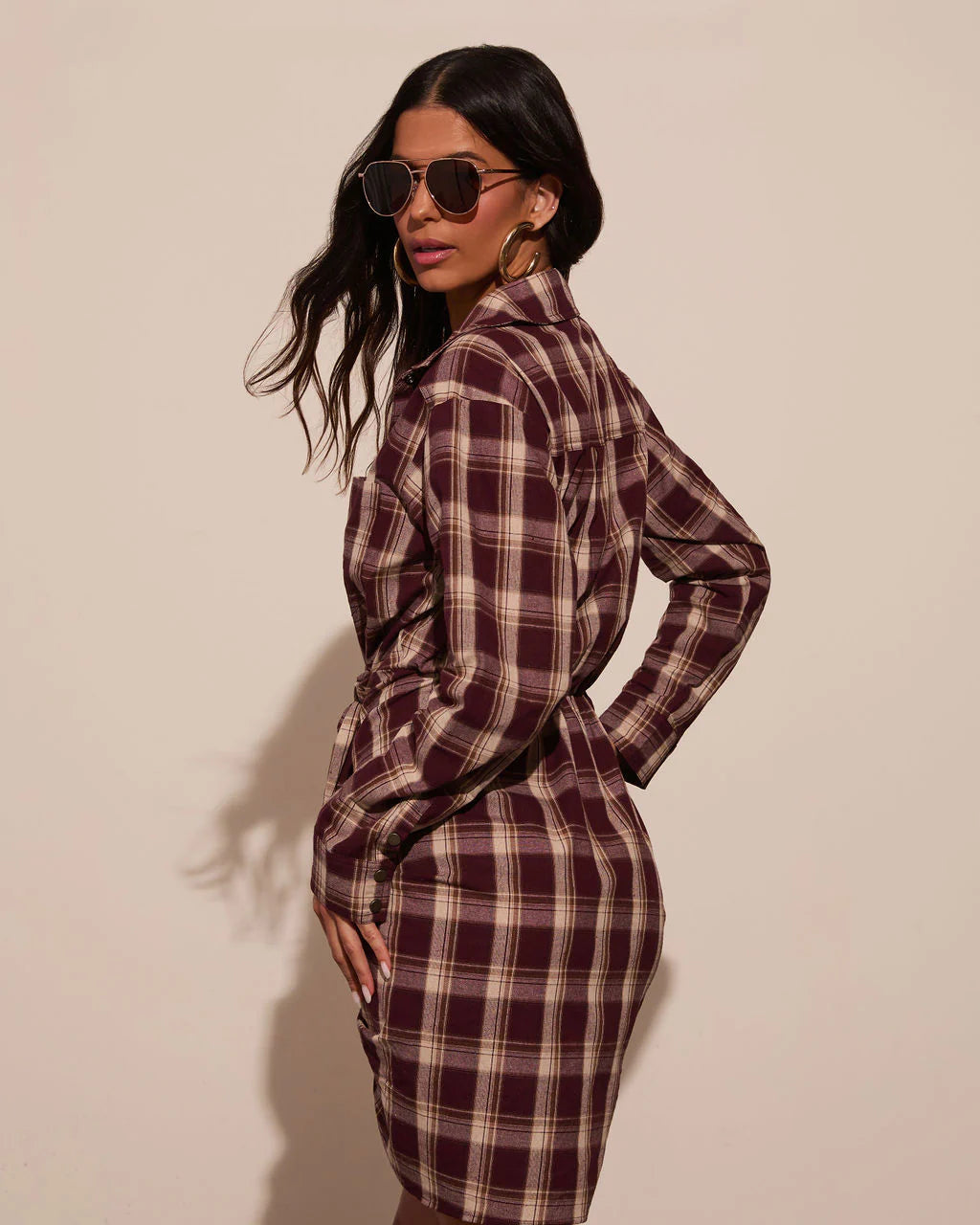 Archie Cotton Ruched Plaid Shirt Dress