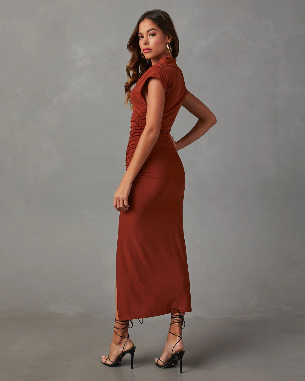 Elisabeth Mock Neck Side Slit Ruched Midi Dress