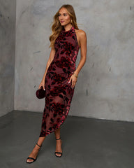 Like Fine Wine Asymmetrical Halter Burnout Velvet Midi Dress