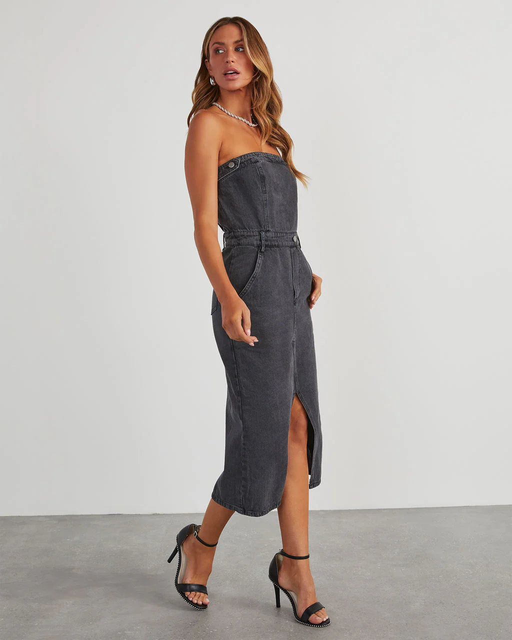 Edgy Era Denim Strapless Midi Dress