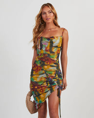 Janet Asymmetrical Printed Mesh Mini Dress