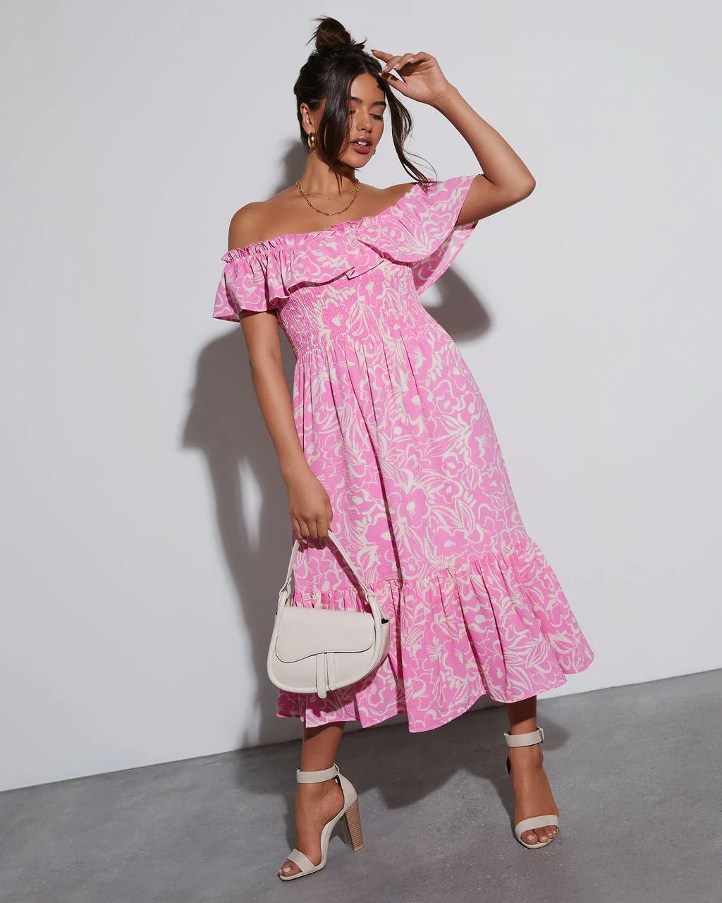 Levana Printed Off The Shoulder Midi Dress