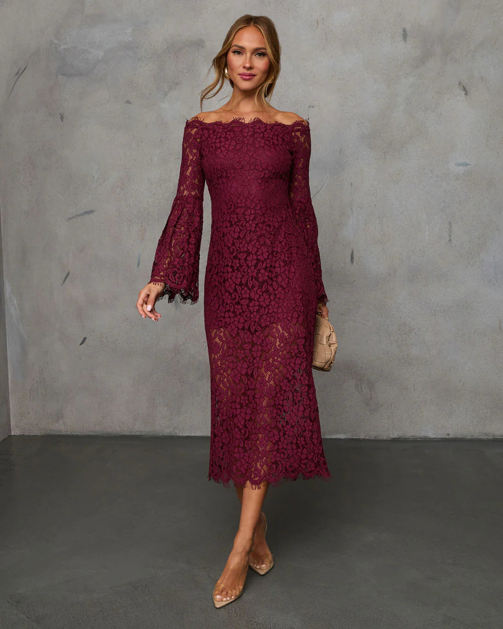 On Your Mind Off Shoulder Lace Midi Dress