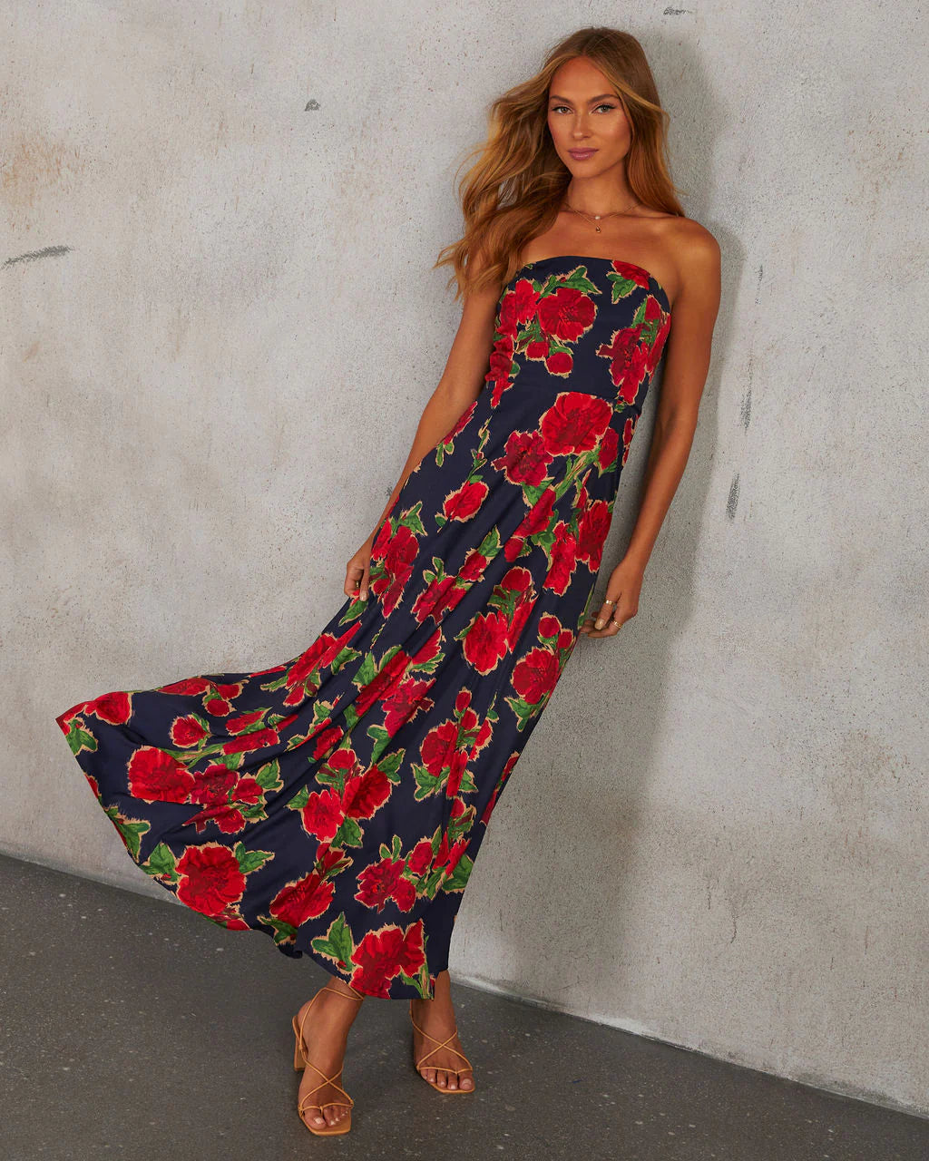 Getaway Garden Strapless Floral Print Midi Dress