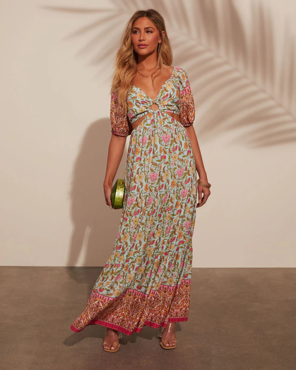 Mojave Puff Sleeve Printed Cutout Maxi Dress