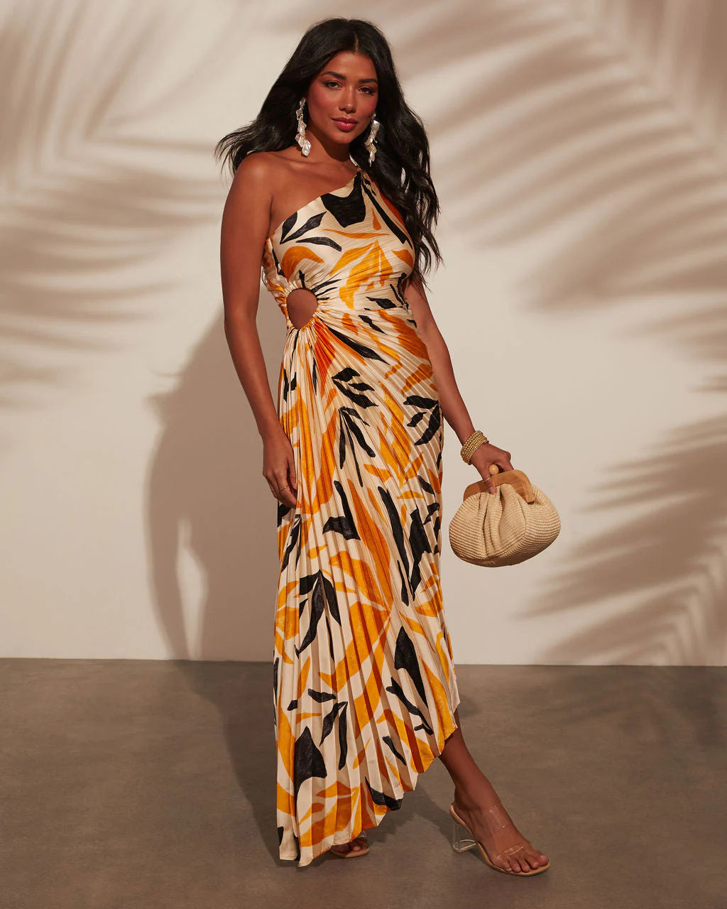 Modern Day Glam Printed One Shoulder Asymmetrical Maxi Dress