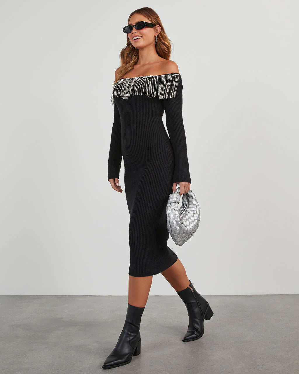 Dante Off The Shoulder Rhinestone Fringe Midi Dress