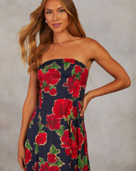 Getaway Garden Strapless Floral Print Midi Dress