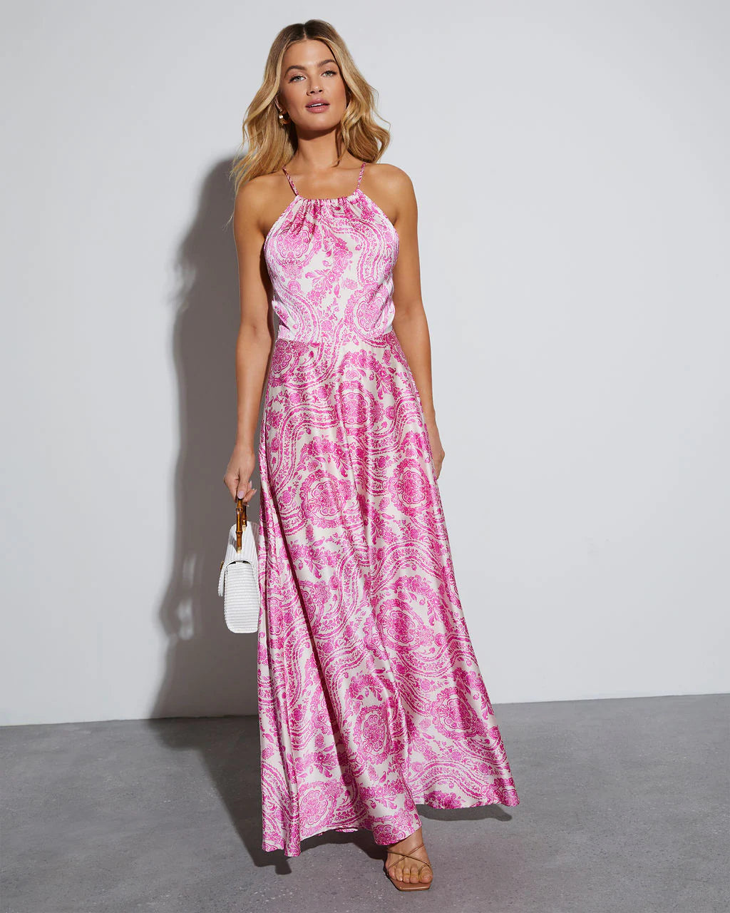 Maxine Satin Paisley Halter Maxi Dress