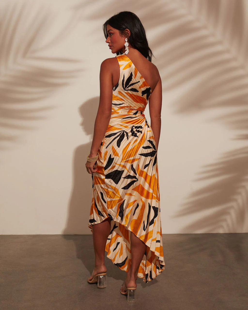 Modern Day Glam Printed One Shoulder Asymmetrical Maxi Dress