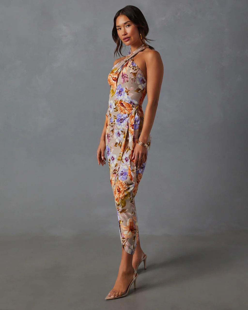 Floral Beauty Twist Front Halter Midi Dress