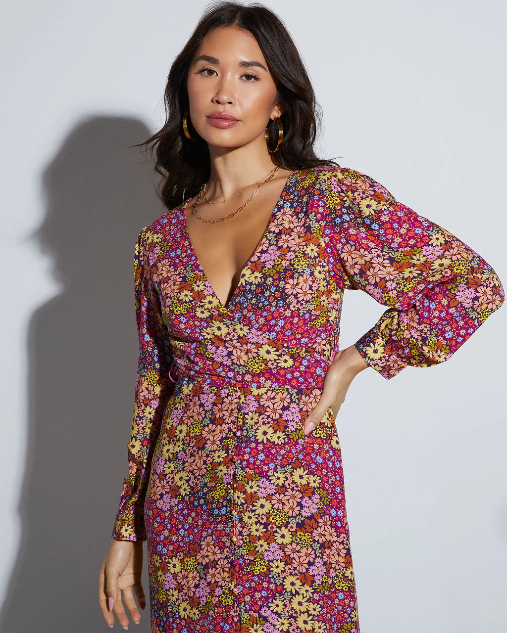 Poise Long Sleeve Floral Wrap Midi Dress