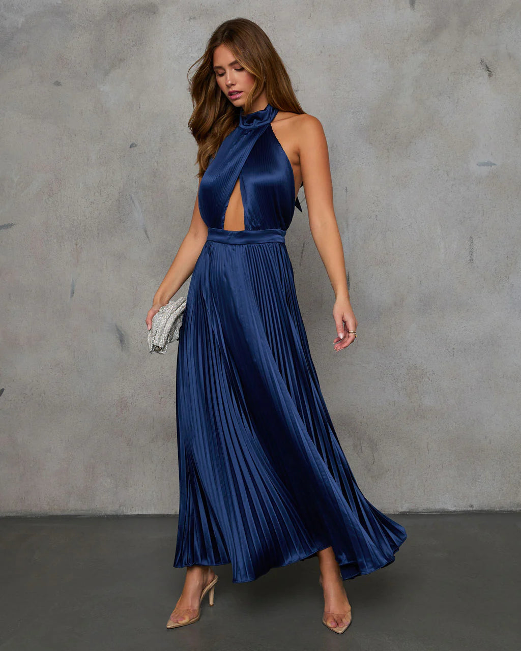 Mariena Halter Neck Pleated Satin Maxi Dress