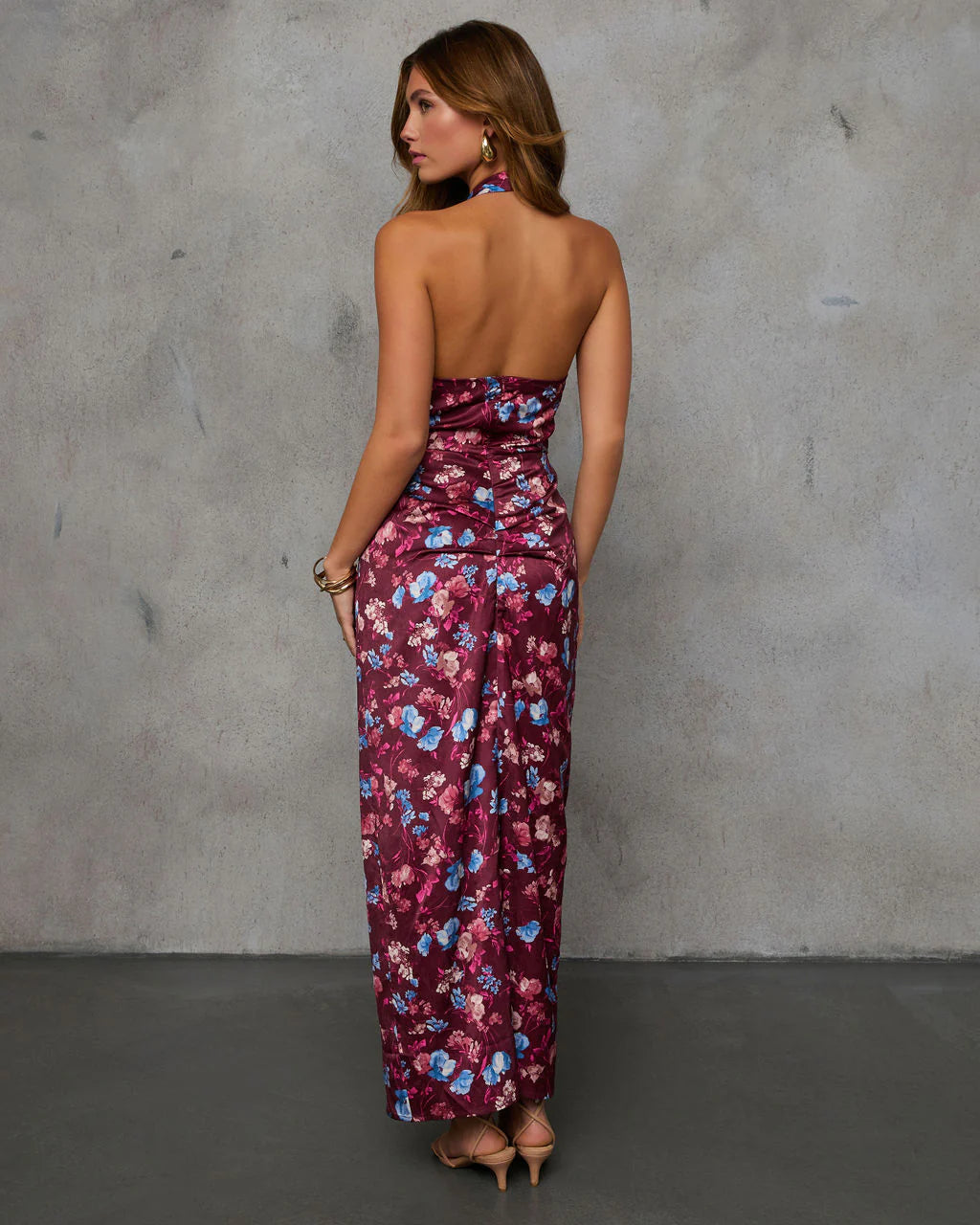 Paritza Floral Halter Neck Satin Maxi Dress