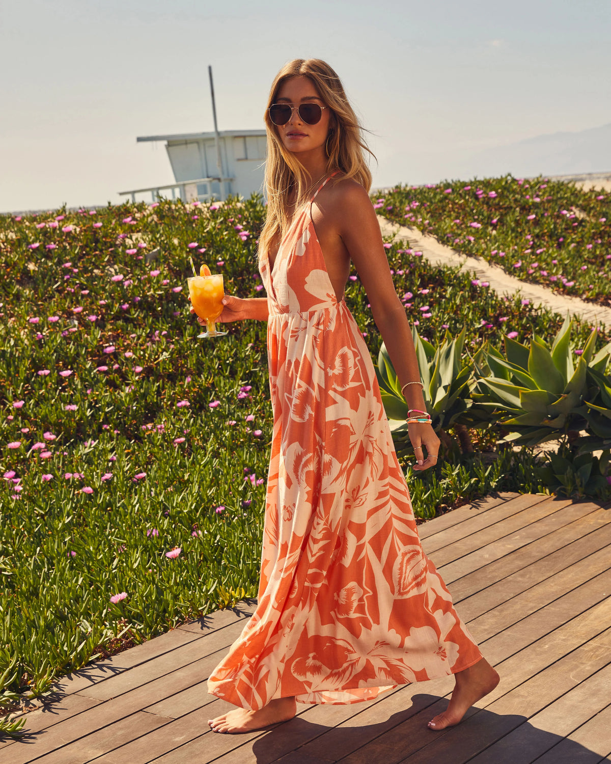 Hawaii V-Neck Printed Cross Back Maxi Dress