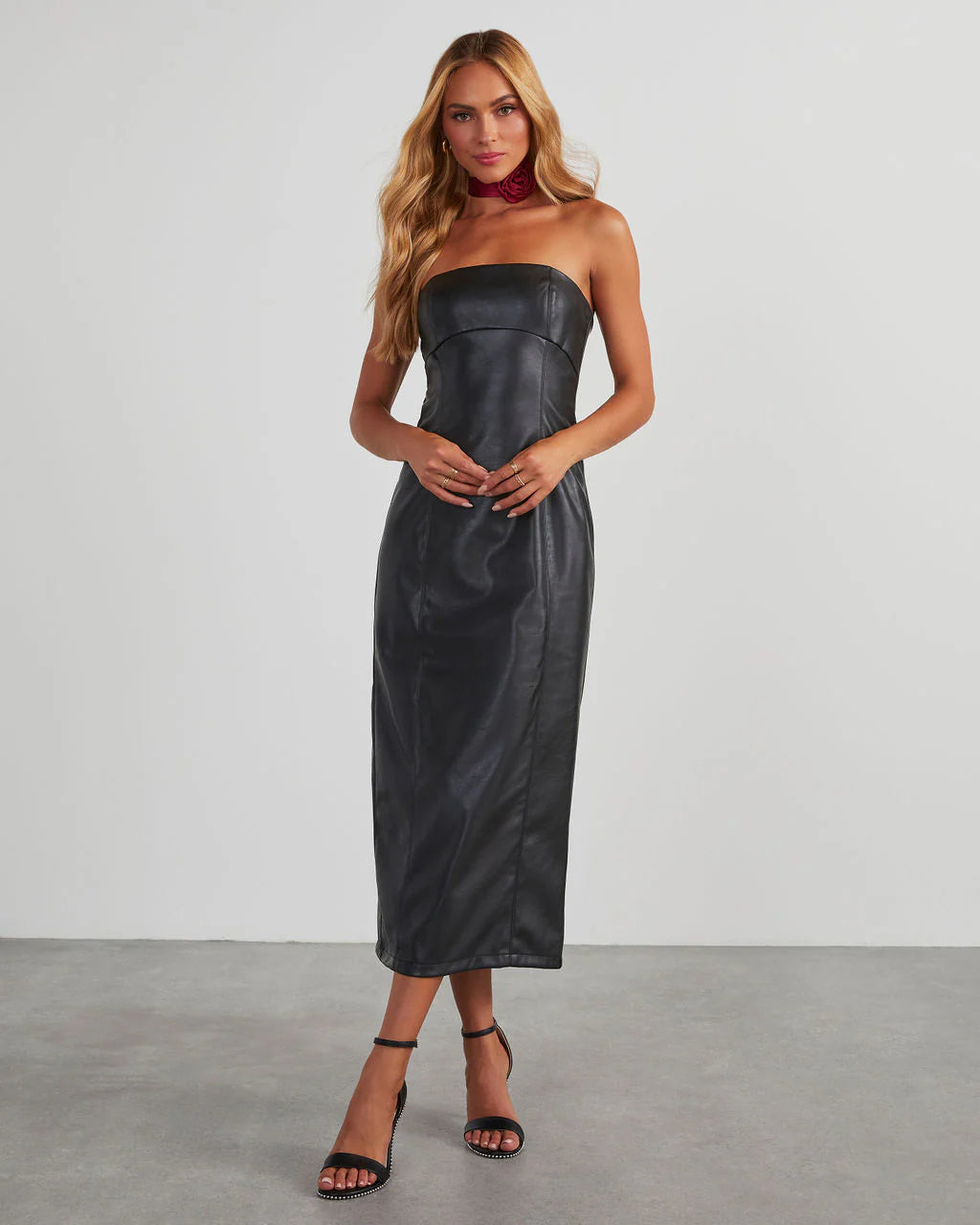 Reeva Strapless Faux Leather Midi Dress