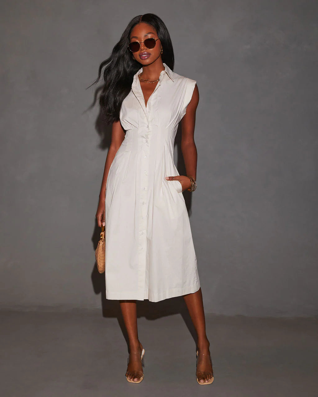 Rora Fitted Waist Midi Shirt Dress