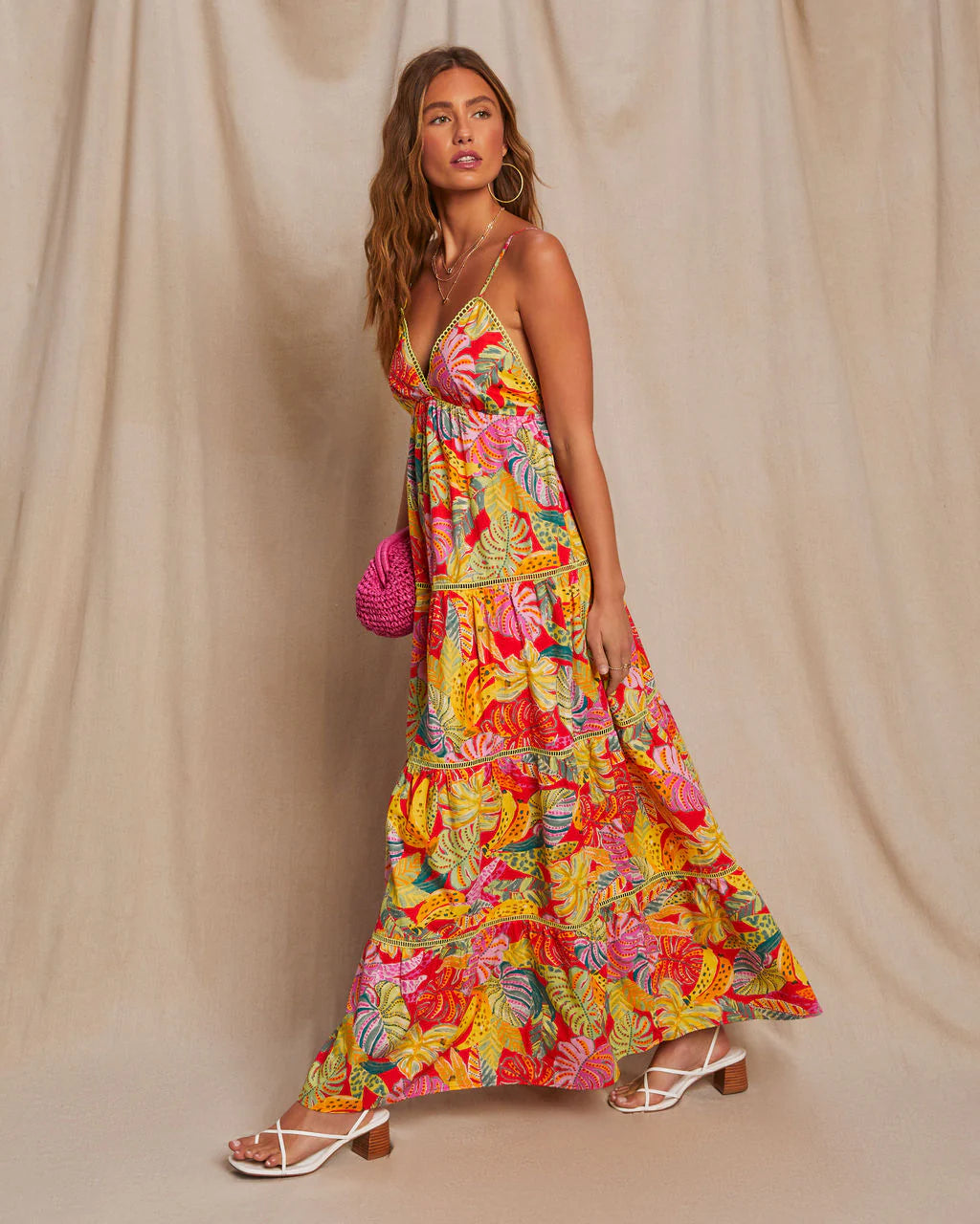 Fiji Tropical Tiered Lattice Trim Maxi Dress