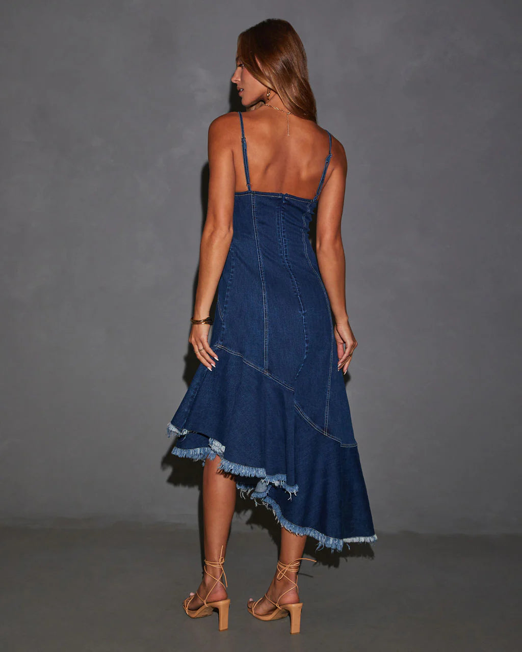 Perry Asymmetrical Raw Hem Denim Midi Dress