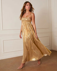 Night Glow Pleated Metallic Maxi Dress