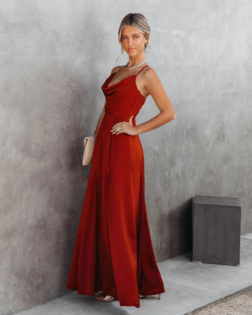 Hey Bella Satin Cowl Neck Maxi Dress