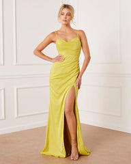 Serenella Satin Cowl Neck Front Slit Maxi Dress