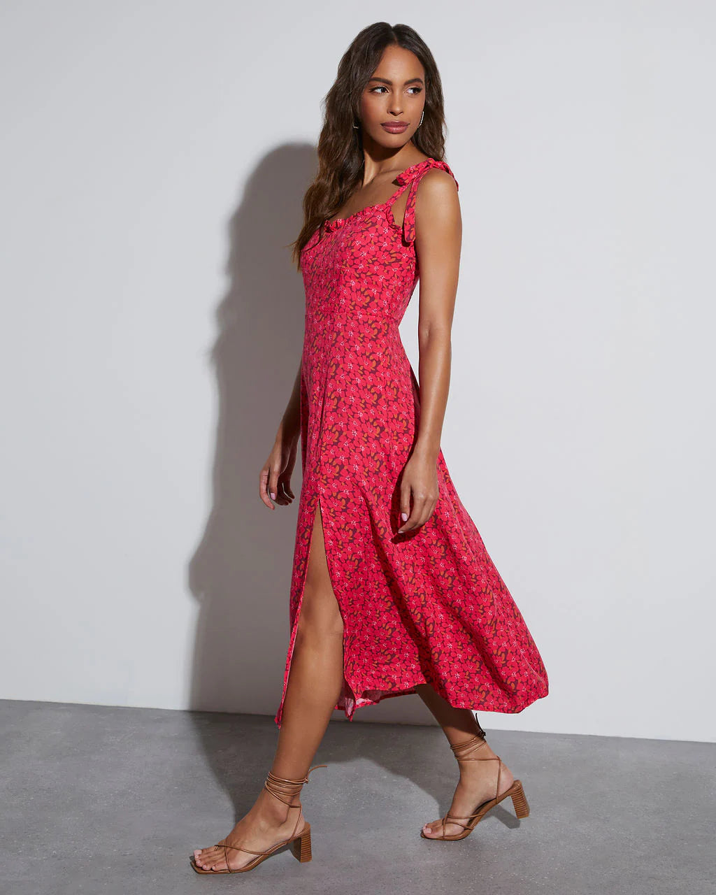 Riko Floral Shoulder Tie Midi Dress