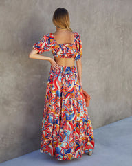 Roma Satin Printed Side Cutout Maxi Dress