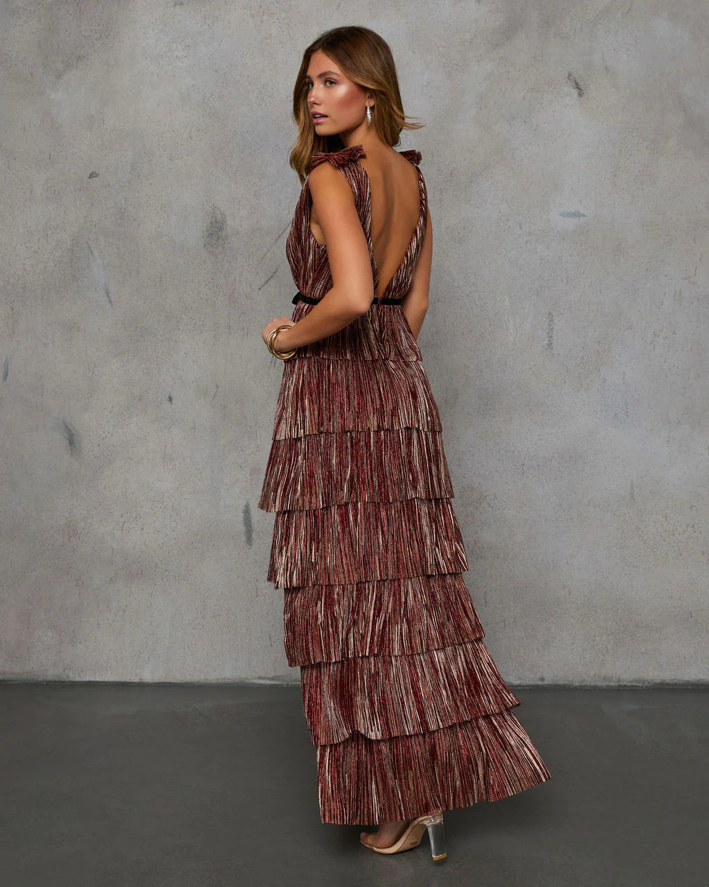 Baby I Know Tiered Plisse Lurex Maxi Dress