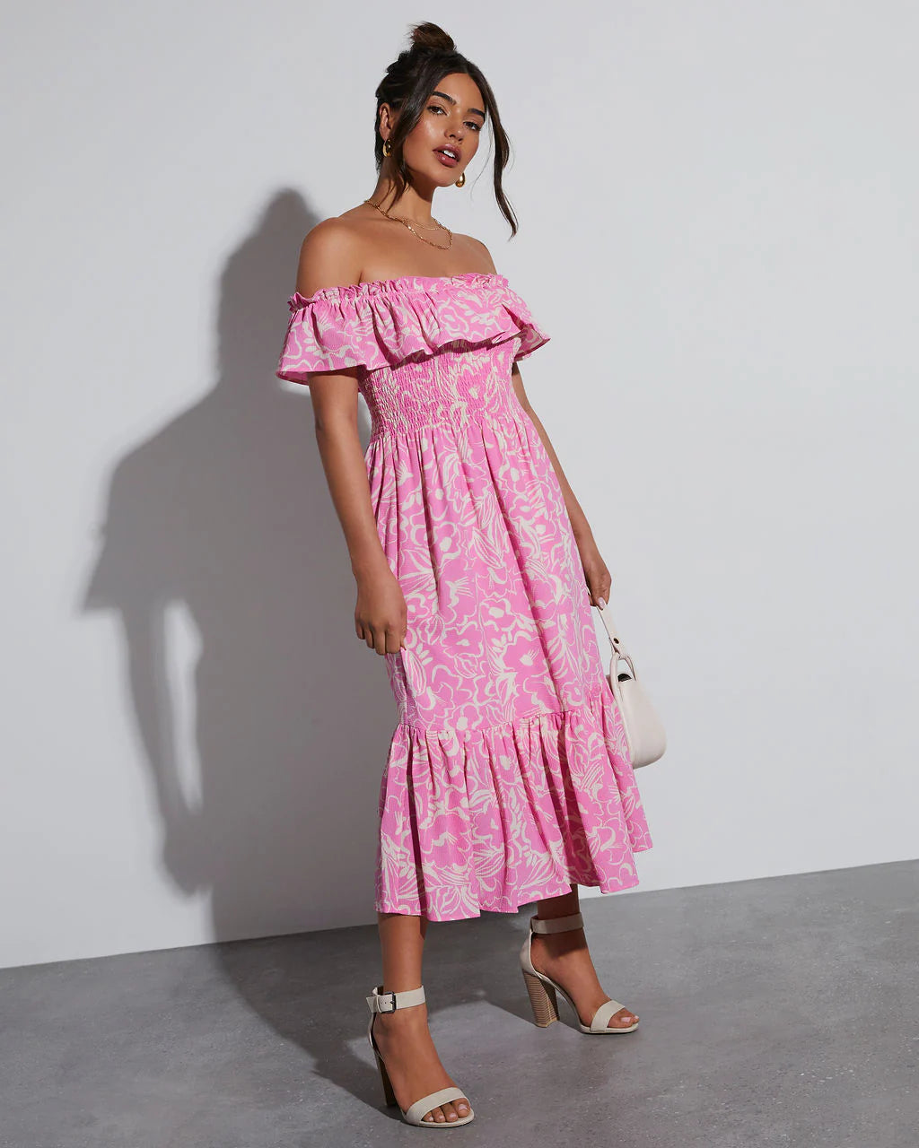 Levana Printed Off The Shoulder Midi Dress