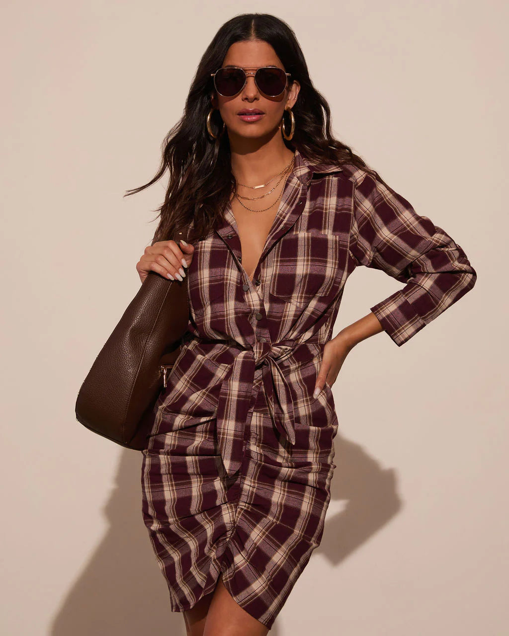 Archie Cotton Ruched Plaid Shirt Dress