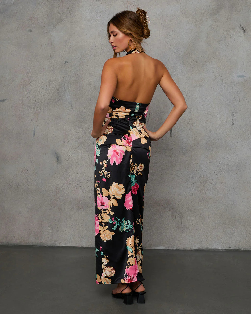 Paritza Floral Halter Neck Satin Maxi Dress