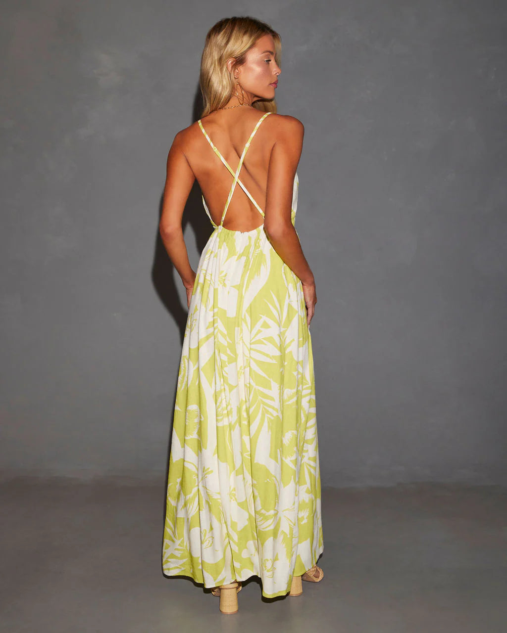 Hawaii V-Neck Printed Cross Back Maxi Dress