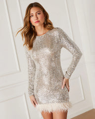 Countdown Sequin Feather Trim Mini Dress